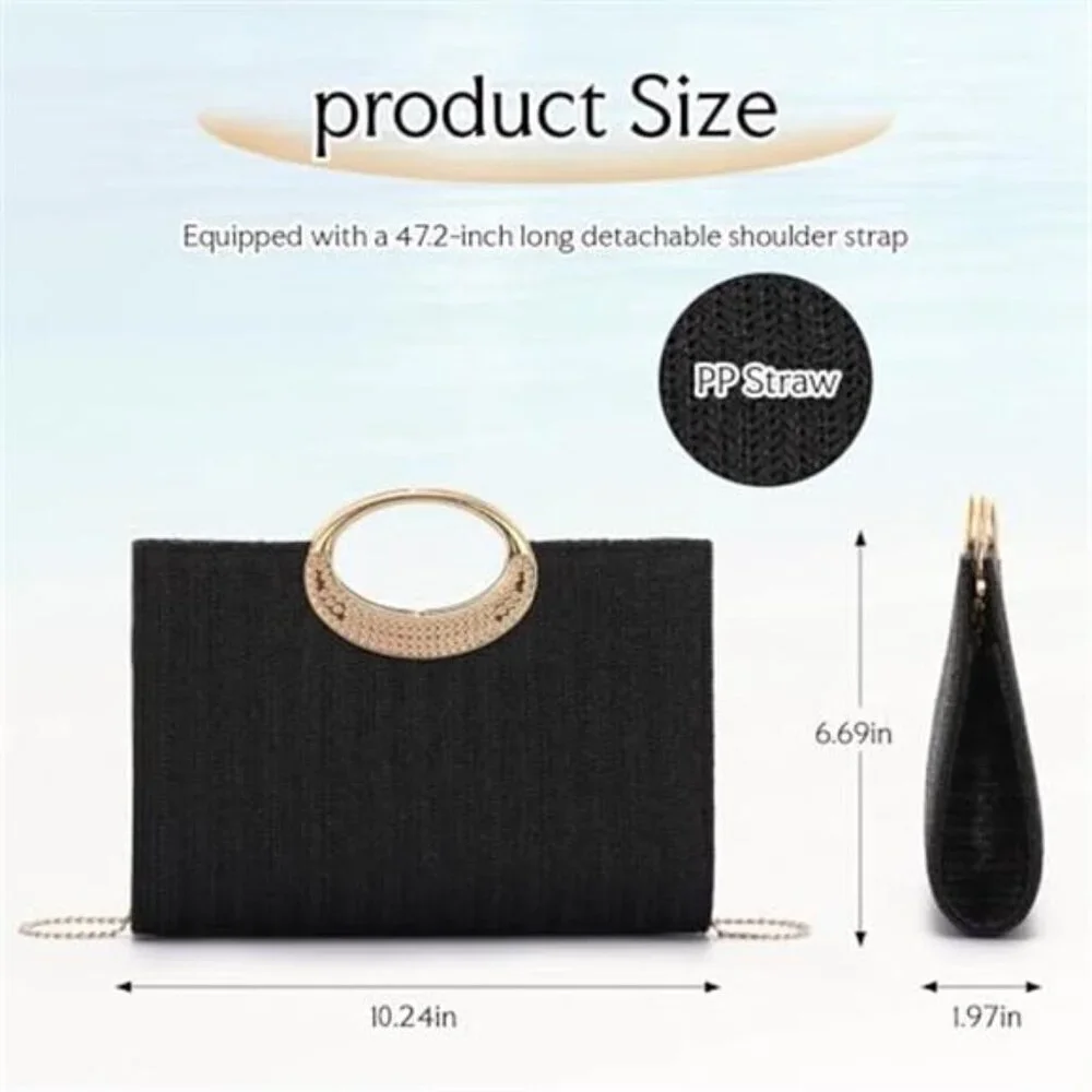 Straw Top Handle Clutch Purse Summer Beach Evening Handbag Women Black